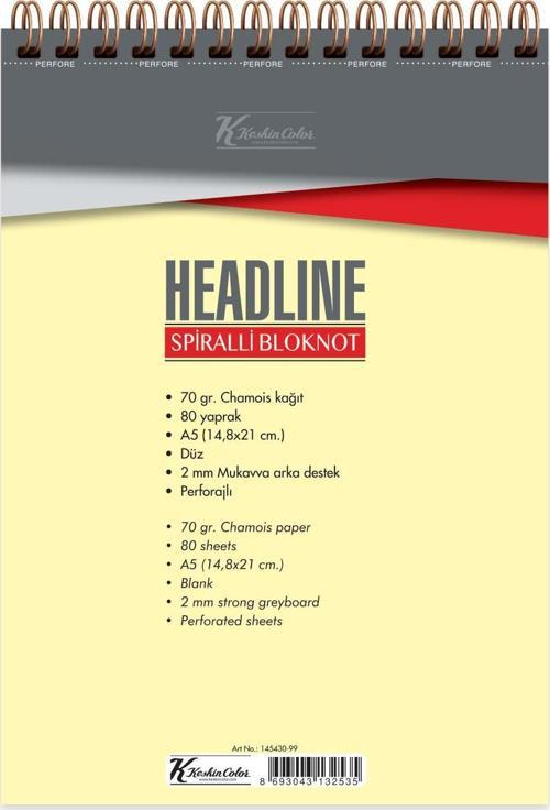 Bloknot (Not Defteri) A5 80 Yaprak Çizgisiz Karton Kapak Spiralli Headline 145430-99 (6 Lı Paket)