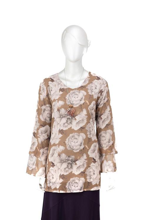 Kadın Klasik Şifon Anne Bluz Viskoz Kumaş Gül Desenli Kolyeli Uzun Kollu Astarlı Tam Kalıp Kahverengi 2XL