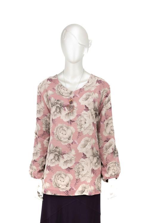 Kadın Klasik Şifon Anne Bluz Viskoz Kumaş Gül Desenli Kolyeli Uzun Kollu Astarlı Tam Kalıp Pudra 3XL