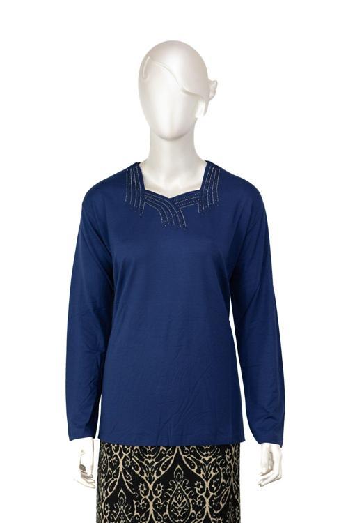 Kadın Turlu Viskon Penye Kumaş Anne Bluz Şık Taşlı Ve Nakışlı Likralı Kare Yaka Tam Kalıp Mavi L