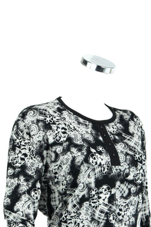 Kadın Çınar Desenli Sıfır Yaka Geniş Kalıp Likralı Viskon Penye Kumaş Büyük Beden Anne Bluz Siyah 2XL