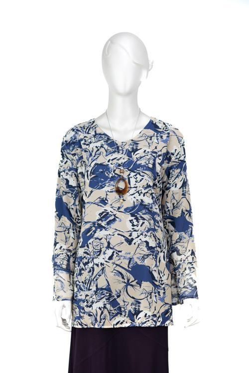 Kadın Klasik Şifon Anne Bluz Viskoz Kumaş Sanat Desenli Kolyeli Uzun Kollu Astarlı Tam Kalıp Mavi 2XL