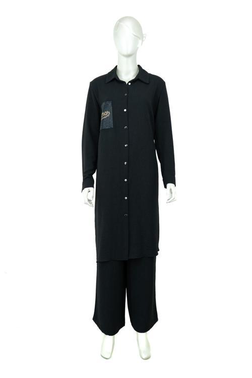 Kadın Önden Düğmeli Rahat Tam Kalıp Likrasız Aerobin Kumaş Pantolunlu Tunikli İkili Takım Siyah XL