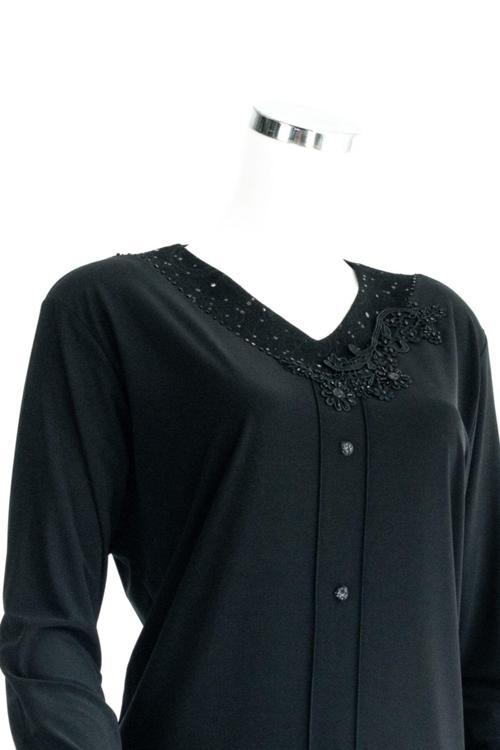 Kadın Siyah Anne Butik Bluz Sultan Çiçeği Nakışlı Taşlı Rahat Kesim Likralı Sandy Kumaş Siyah 2XL
