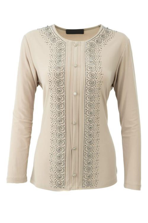 Kadın Anne Bluz Likralı Sandy Kumaş Şık Ve Modern Elmasım Taşlı Yuvarlak Yakalı Rahat Kesim Krem 2XL