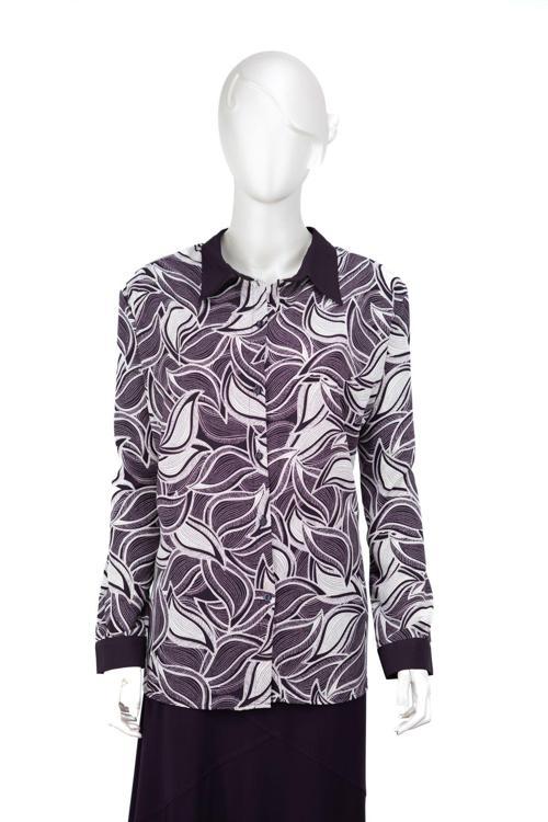 Kadın Likrasız Kumaş Anne Gömlek Palmiye Desenli Uzun Kollu Gömlek Yaka Vatkalı Tam Kalıp Mor 2XL