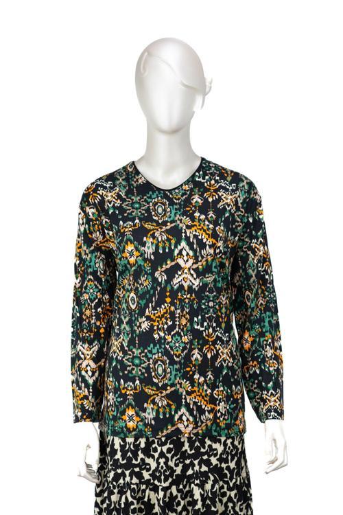 Kadın Turlu Viskon Penye Kumaş Anne Bluz Leylak Desenli Hafif V Yaka Tam Kalıp Likralı Siyah L