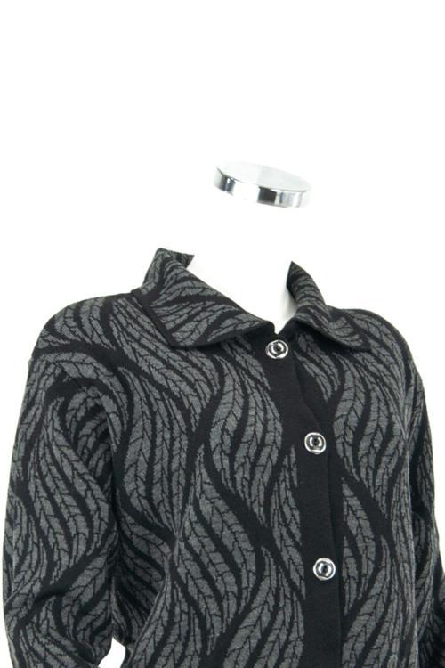 Kadın Füme Kışlık Motifli Düğmeli Cepli Rahat Kesim Likralı Yünlü Dokuma Anne Hırka Füme L