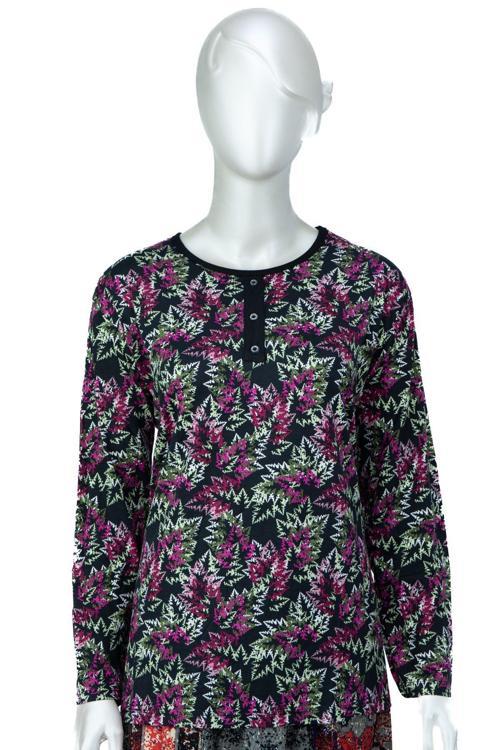 Kadın Anne Bluz Turlu Viskon Penye Kumaş Çiçek Demeti Desenli Likralı Rahat Kesim Tam Kalıp Fuşya L