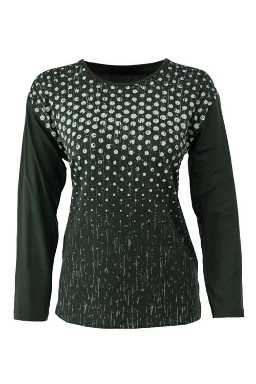 Kadın Yazlık Baskılı Anne Penye Bluz Viskon Kumaş Puantiye Desenli Rahat Kesim Tam Kalıp Yeşil L