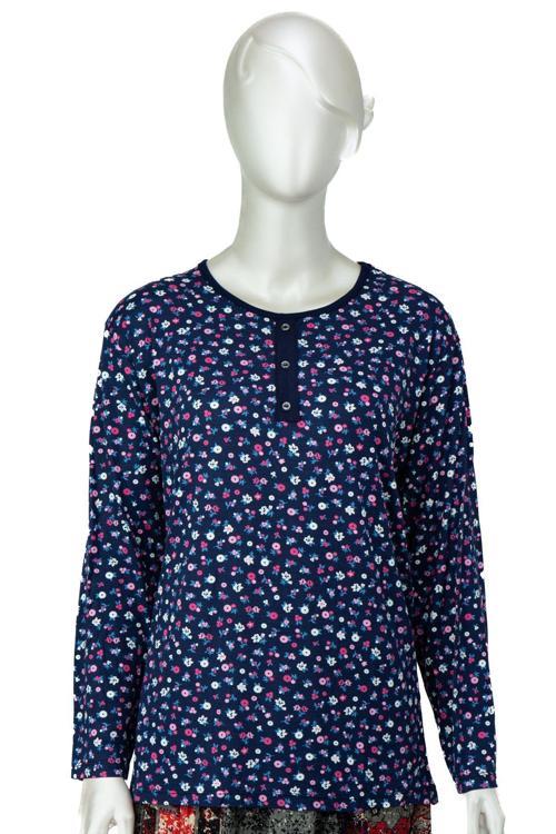 Kadın Anne Bluz Turlu Viskon Penye Kumaş Çiçek Demeti Desenli Likralı Rahat Kesim Tam Kalıp Mavi L