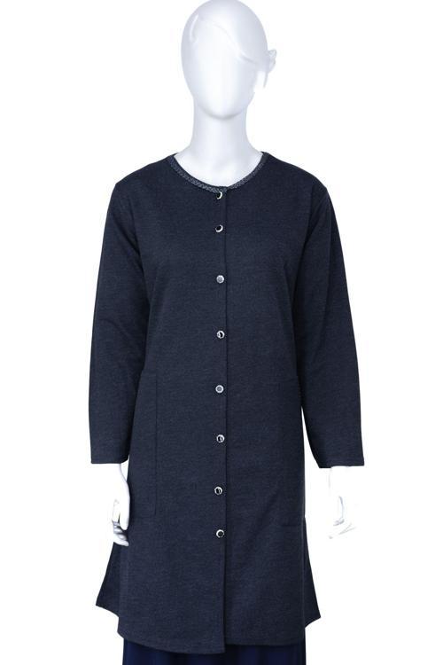 Kadın Kışlık Anne Uzun Hırka Ecrin Örme Önü Düğmeli Cepli Likralı Bisiklet Yaka Göl Model Lacivert 4XL