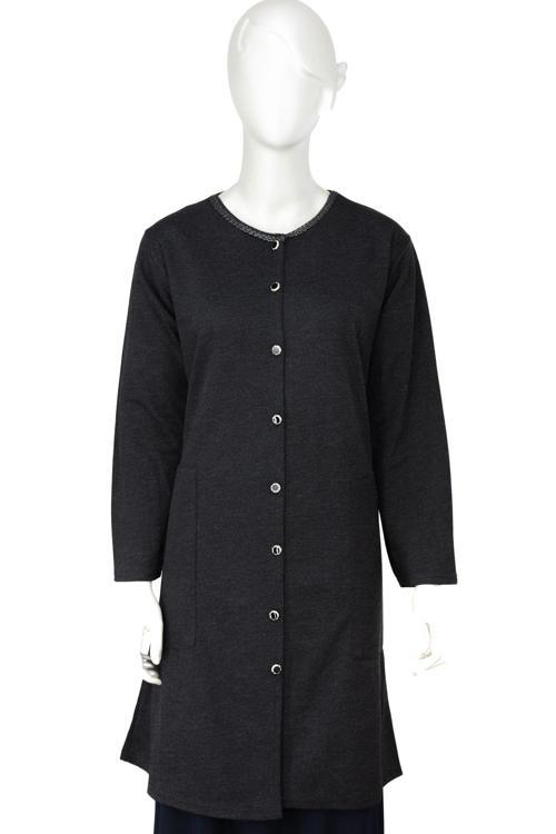Kadın Kışlık Anne Uzun Hırka Ecrin Örme Önü Düğmeli Cepli Likralı Bisiklet Yaka Göl Model Füme XL
