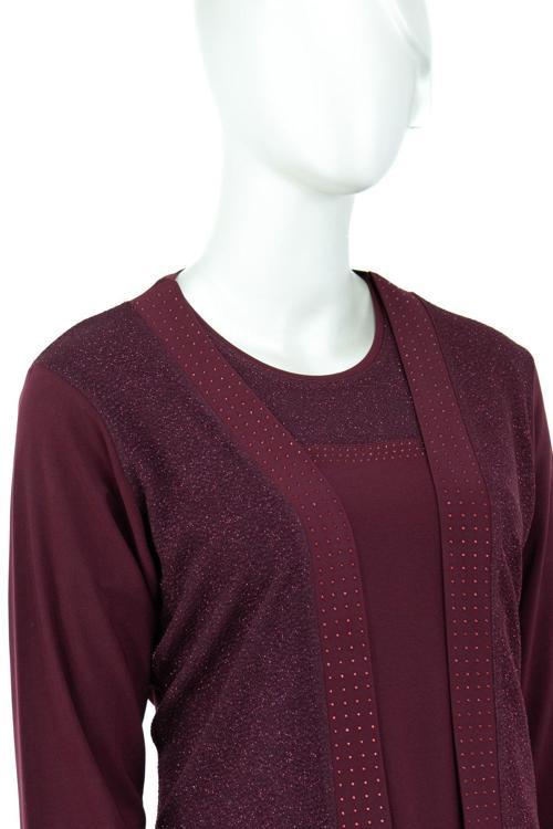 Kadın Anne Butik Takım Ikili Simli Taş Baskılı Buklet Desenli Rahat Likralı Sandy Kumaş Bordo 2XL