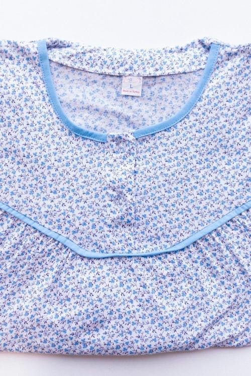 Kadın Mavi Anne Butik Gecelik Çiçek Desenli Düğmeli Yuvarlak Yaka Mavi 3XL