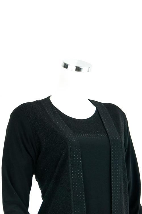 Kadın Anne Takım Ikili Simli Taş Baskılı Buklet Desenli Rahat Kesim Likralı Sandy Kumaş Siyah XL