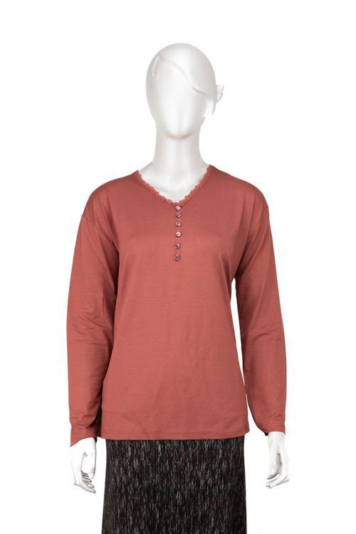 Kadın Turlu Viskon Penye Kumaş Anne Bluz Şık Fırfırlı V Yaka Normal Kesim Tam Kalıp Likralı Açık Kiremit L