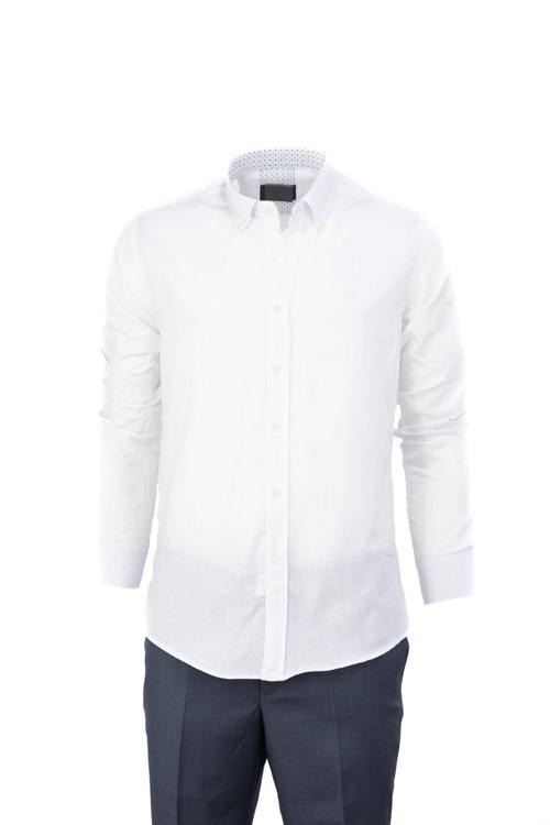 Erkek Gömlek %100 Premium Pamuk Kumaş Uzun Kollu Tam Kalıp Slim Fit Yakası Düğmeli Beyaz S