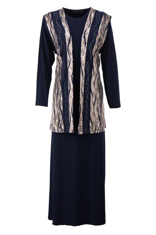 Kadın Boydan Elbise Özel Düğünlük Likralı Sandy Kumaş Osmanlı Model Bisiklet Yakalı Rahat Lacivert 2XL