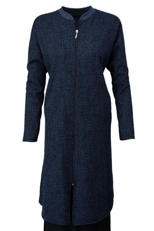 Kadın Kışlık Anne Uzun Hırka Pamuklu Fermuarlı Hakim Yaka Çift Cepli Kar Yağışı Modelli Mavi 5XL