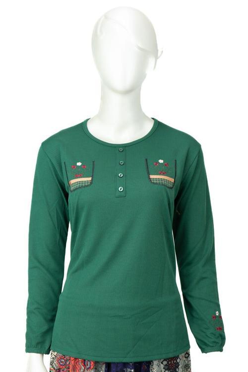 Kadın Badi Bluz Gofre Kumaş Sümbül Nakışlı Likralı Yuvarlak Yaka Uzun Kollu Normal Kesim Yeşil XL