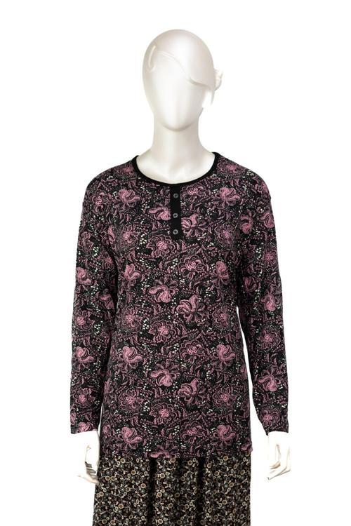 Kadın Turlu Viskon Penye Kumaş Anne Bluz Gül Desenli Likralı Yuvarlak Yaka Tam Kalıp Eflatun 2XL