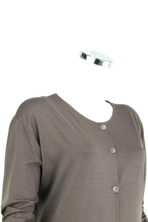 Kadın Düğmeli Çift Cepli Normal Kesim Likralı Turlu Viskon Penye Kumaş Uzun Anne Hırka Kahverengi 4XL