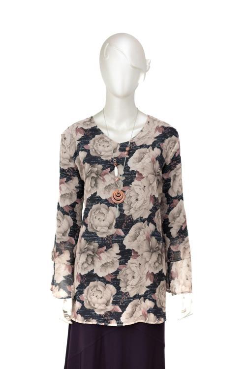 Kadın Klasik Şifon Anne Bluz Viskoz Kumaş Gül Desenli Kolyeli Uzun Kollu Astarlı Tam Kalıp Siyah 4XL