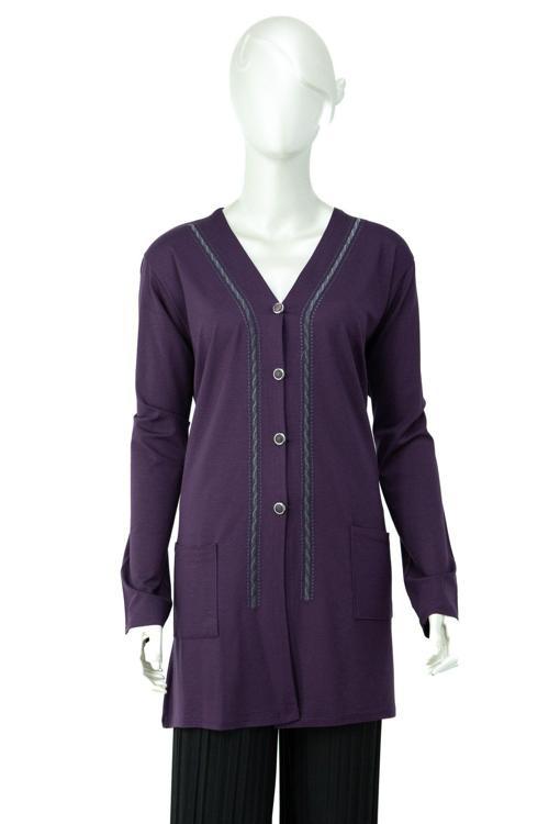 Kadın Düğmeli Ve Çift Cepli Şık Örgü Detaylı V Yaka Turlu Viskon Penye Kumaş Anne Hırka Mor 5XL