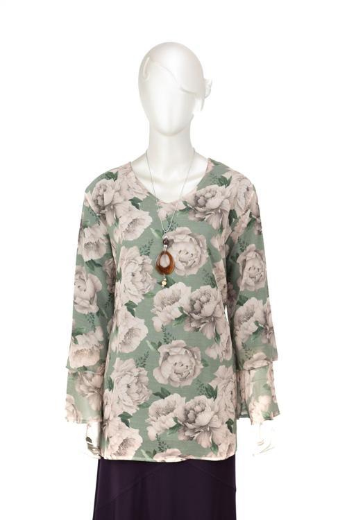 Kadın Klasik Şifon Anne Bluz Viskoz Kumaş Gül Desenli Kolyeli Uzun Kollu Astarlı Tam Kalıp Yeşil 2XL