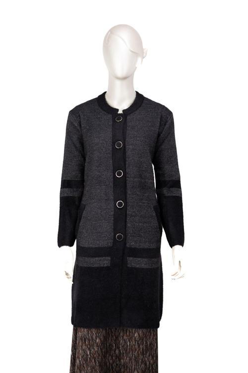 Kadın Kışlık Kalın Angora Yün Örme Anne Uzun Hırka Düğmeli Cepli Tam Kalıp Yuvarlak Yakalı Siyah L