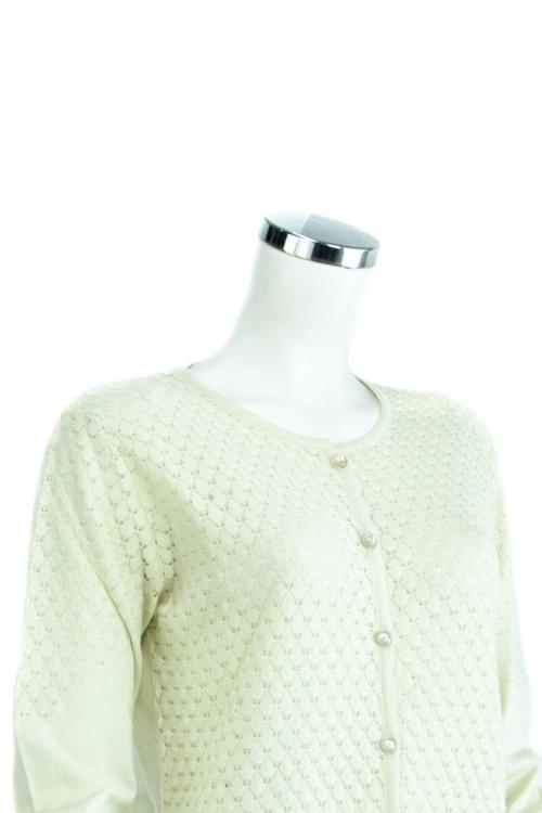 Kadın Krem Mevsimlik Uzun Kol Yuvarlak Yaka Boydan Düğmeli Likralı Triko Dokuma Hırka Krem M