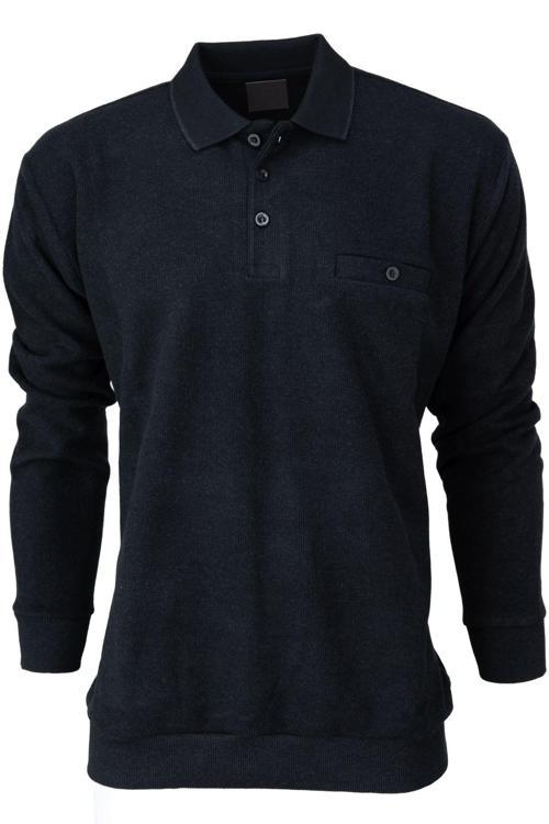 Erkek Kışlık Polo Yaka Kazak Pamuklu Örme Klasik Pıtırcık Selanik Düğmeli Fleto Cepli Rahat Siyah 3XL