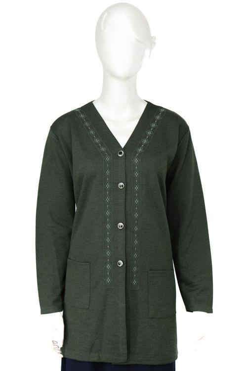 Kadın Kışlık Anne Hırka Modern Çiçek Nakışlı Ecrin Örme Önü Düğmeli Çift Cepli Likralı Haki 2XL