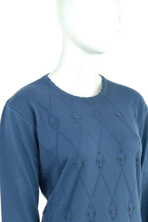 Kadın Kışlık Şirin Minik Taşlı Kendinden Desenli Normal Kesim Likralı Dokuma Anne Kazak Mavi XL