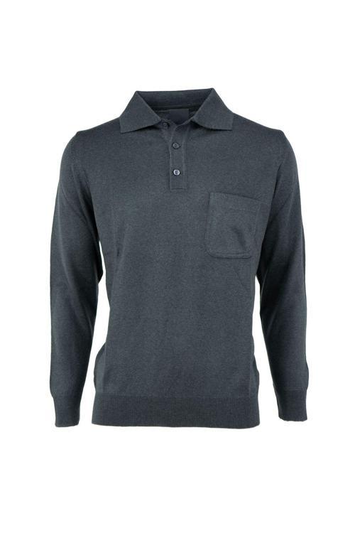 Erkek Uzun Kollu Polo Yaka Klasik Model Cepli Rahat Kesim Tam Kalıp Yünlü Dokuma Kazak Antrasit M