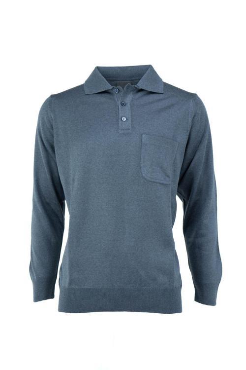 Erkek Uzun Kollu Polo Yaka Klasik Model Cepli Rahat Kesim Tam Kalıp Yünlü Dokuma Kazak Mavi 3XL