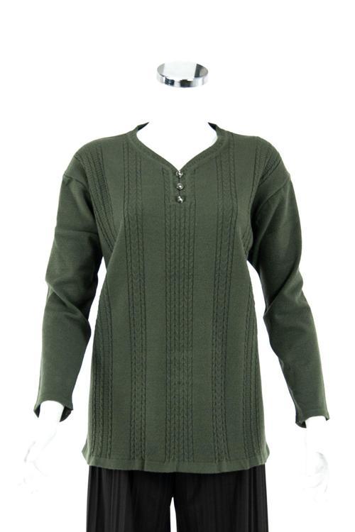 Kadın Yeşil Kışlık Armut Yaka Normal Kesim Likralı Pamuklu Kardelen Dokuma Anne Kazak Yeşil 3XL