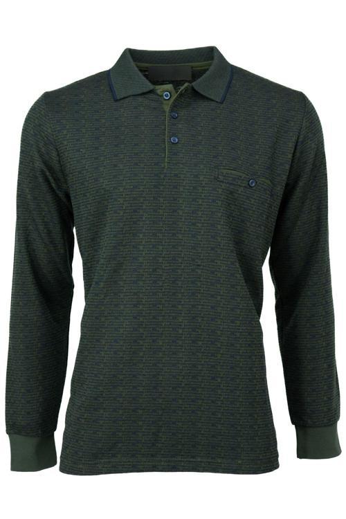 Erkek Mevsimlik Kazak Pamuklu Dokuma Düğmeli Polo Yaka Cepli Uzun Kollu Kırçıl Desenli Rahat Haki M