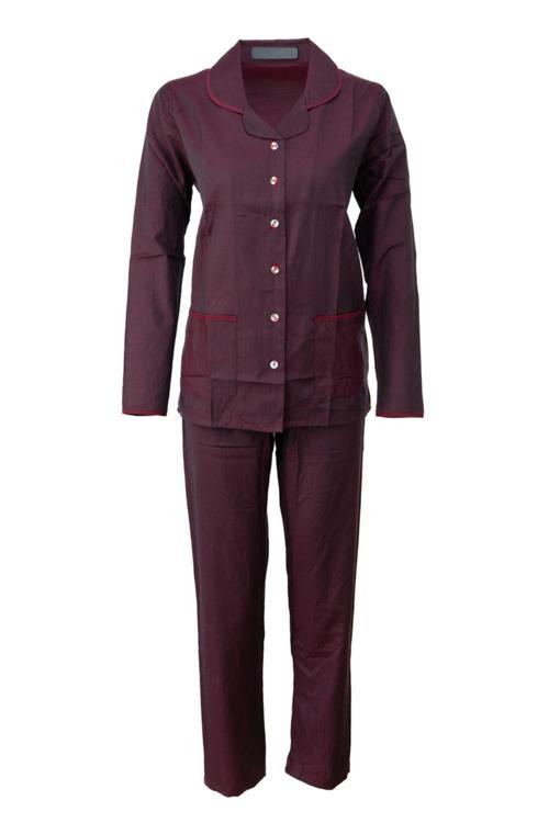 Kadın Şık Klasik Model Pijama Takımı Premium %100Pamuk Poplin Kumaş Düğmeli Tarz Model Cepli Vişne L