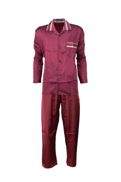 Erkek Klasik Model Pijama Takımı Premium İpeksi Saten Kumaş Cepi Şık Çizgili Rahat Tam Kalıp Bordo M