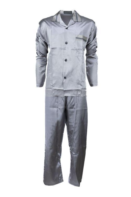 Erkek Klasik Model Pijama Takımı Premium İpeksi Saten Kumaş Cepi Şık Çizgili Rahat Tam Kalıp Gri M