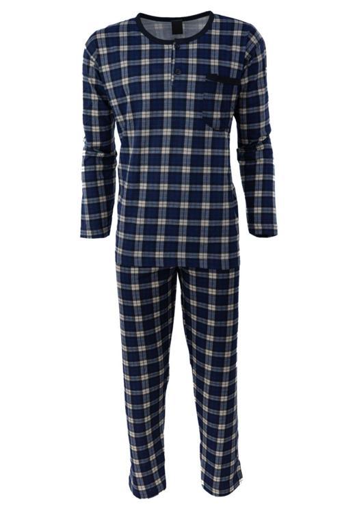 Yazlık Erkek Pijama Takımı %100 Pamuk Kumaş Ekose Model Desenli Bisiklet Yaka Cepli Rahat Lacivert L