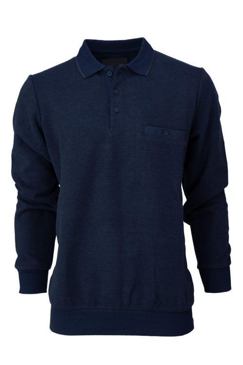 Erkek Kışlık Kazak Pamuklu Örme Düğmeli Polo Yaka Cepli Uzun Kollu Rennes Desenli Rahat Lacivert 2XL