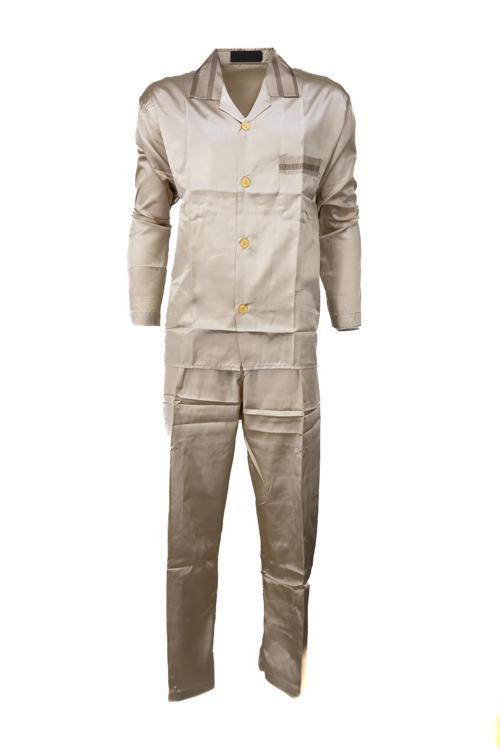 Erkek Klasik Model Pijama Takımı Premium İpeksi Saten Kumaş Cepi Şık Çizgili Rahat Tam Kalıp Krem M
