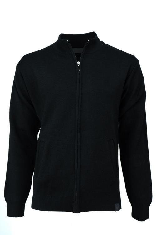 Erkek Kışlık Fermuarlı Hırka Yünlü Örme Hakim Yaka Cepli Uzun Kollu Premium Model Rahat Siyah 2XL