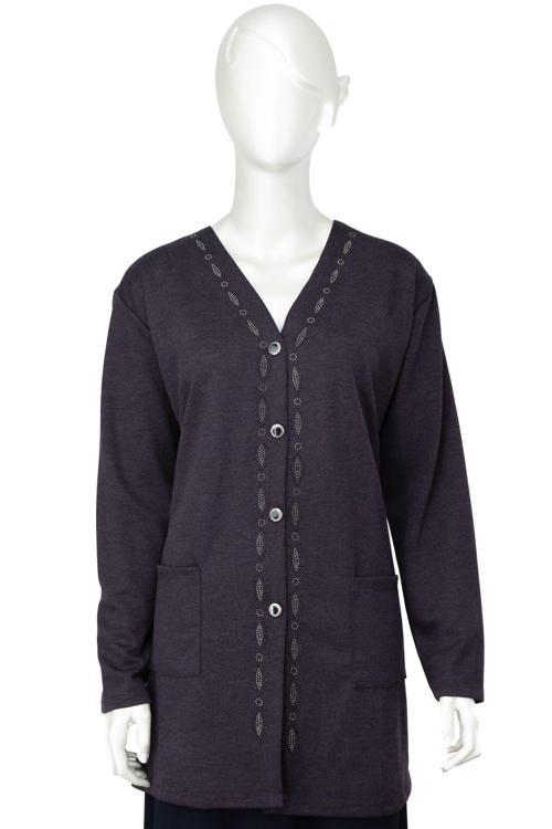 Kadın Kışlık Önü Modern Düğmeli Ve Çift Cepli Şık Taşlı Modelli Rahat Ecrin Kumaş Anne Hırka Mor 5XL