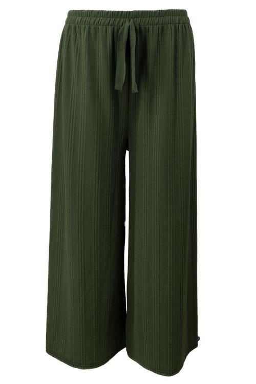 Kadın Pantolon Pamuklu Burgu Kumaş Beli Lastikli Saç Örgü Modelli Likralı Geniş Paça Haki Standart