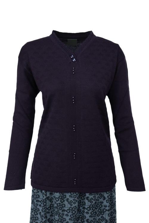 Kadın Kışlık Pamuklu Triko Dokuma Anne Kazak Boncuklu Piramit Motifli Armut Yakalı Rahat Mor XL