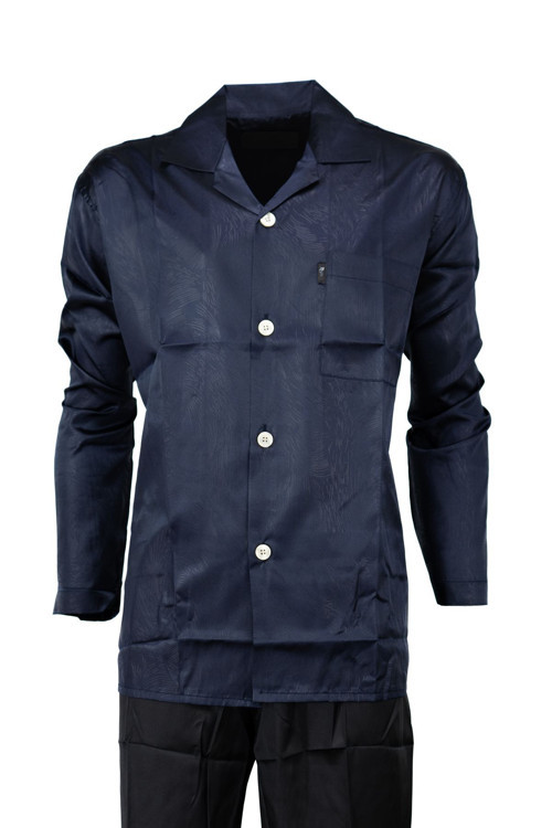 Erkek Klasik Model Saten Gecelik Gömlek Premium İpeksi Saten Kumaş Desenli Cepli Tam Kalıp Lacivert M